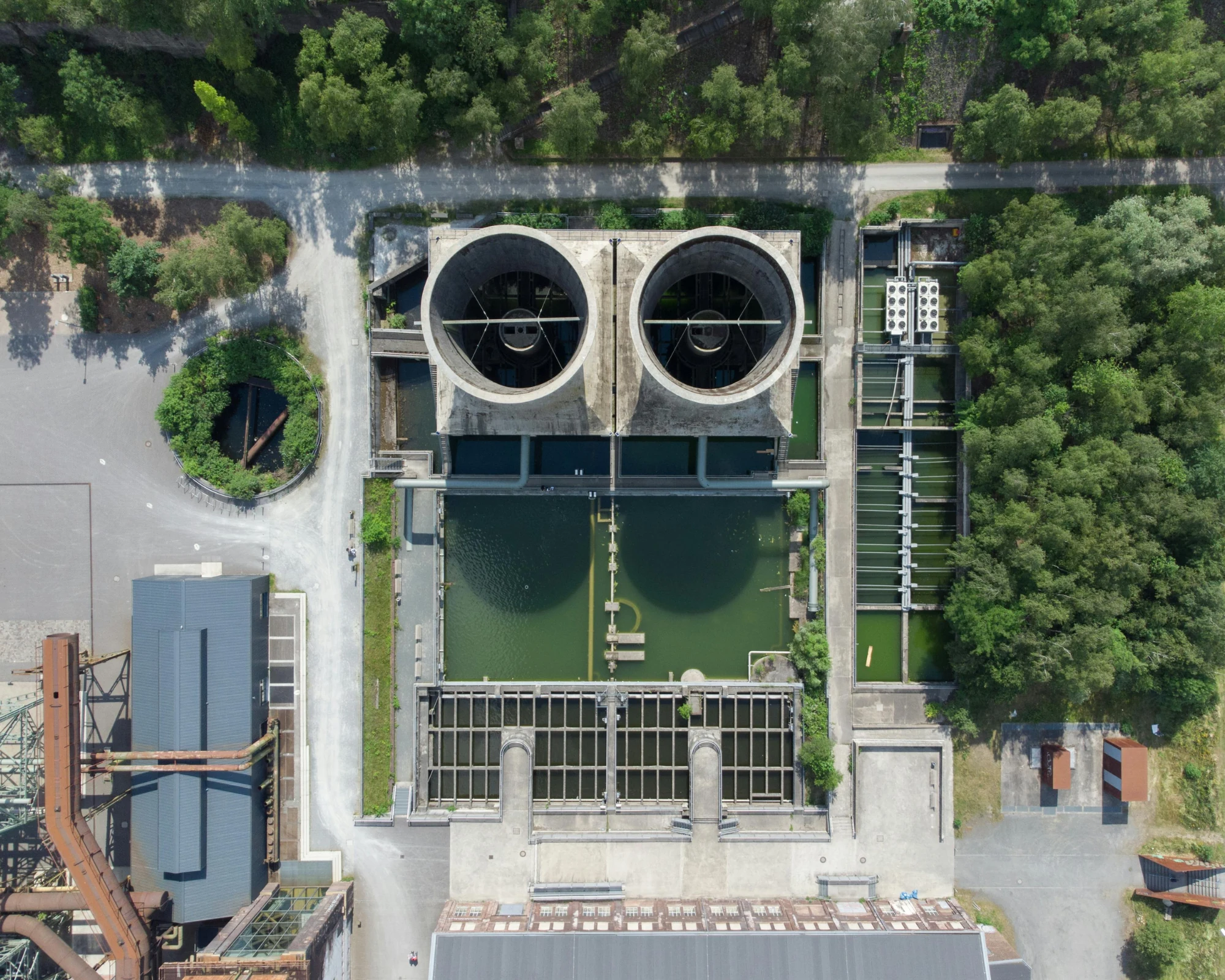 Industrial water-treatment infrastructure viewed from above