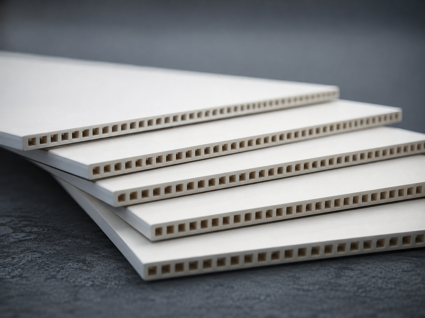 Illustrative render of stacked ceramic flat-sheet membrane plates with visible internal channels
