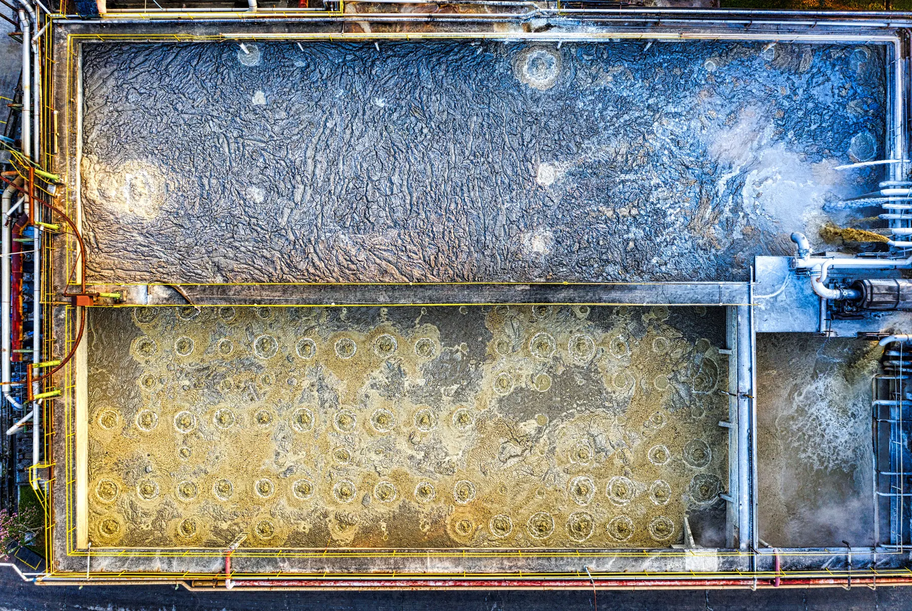 Overhead view of an industrial biological wastewater treatment and aeration basin